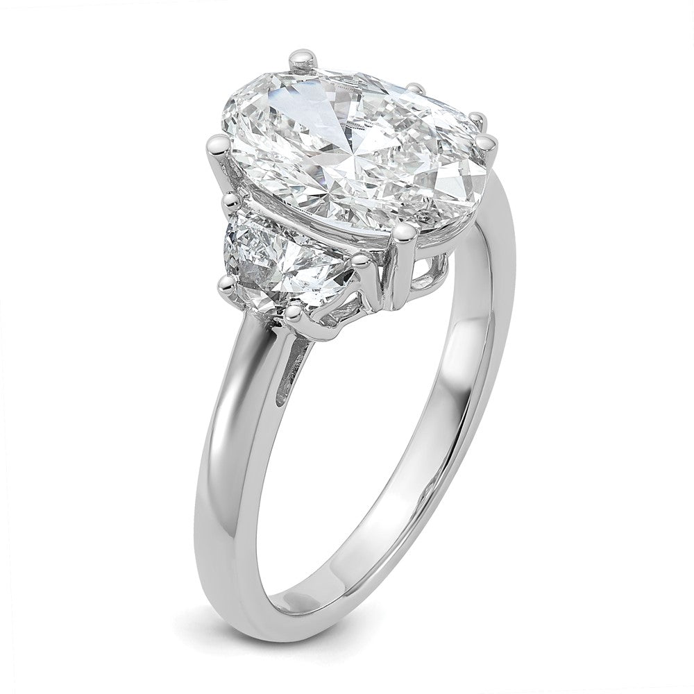 14K White Gold 5/8 carat Lab Grown Diamond VS+ F+ Half Moon and 2 1/2 carat Oval Center Semi Mount Three Stone Engagement Ring