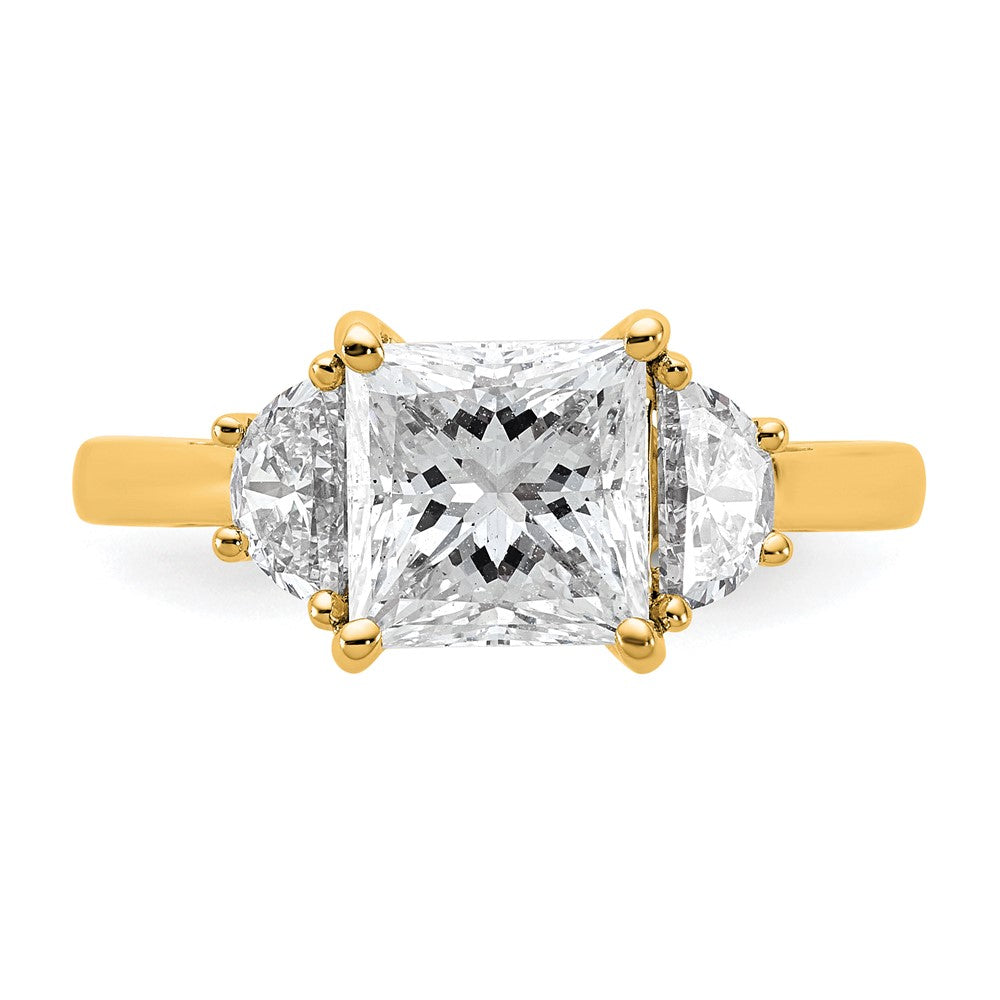 14K Yellow Gold 2 1/2 carat Certified Lab Grown Diamond VS+ F+ Princess and Half Moon Complete Three Stone Engagement Ring