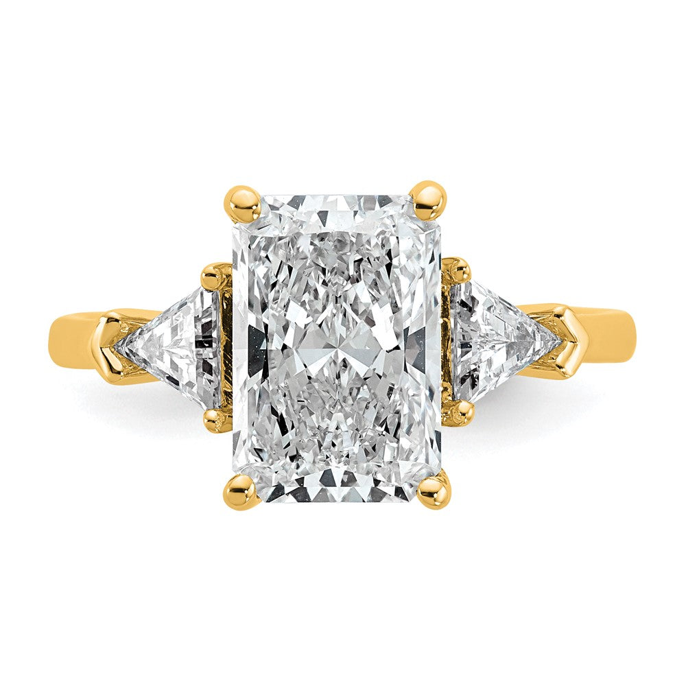 14K Yellow Gold 5/8 carat Lab Grown Diamond VS/SI+ G+ Triangle 2 1/2 carat Radiant Center Semi Mount Three Stone Engagement Ring