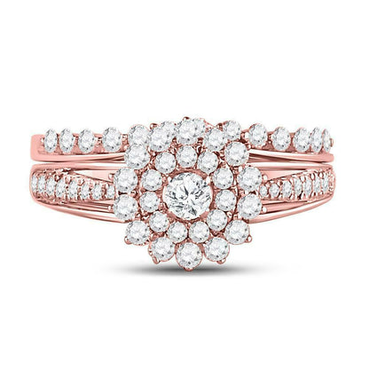 1 Carat Round Diamond Floral Halo Engagement Wedding Ring Set 14K Rose Gold