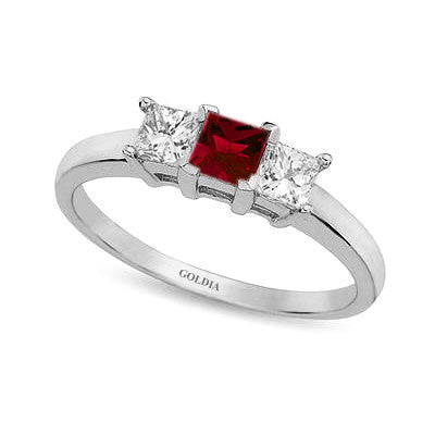 Three-Stone Princess Cut Ruby and Diamond Ring White Gold