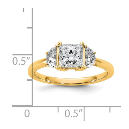 14K Yellow Gold 3/8 carat Lab Grown Diamond VS+ F+ Half Moon 1 carat Princess Center Semi Mount Three Stone Engagement Ring