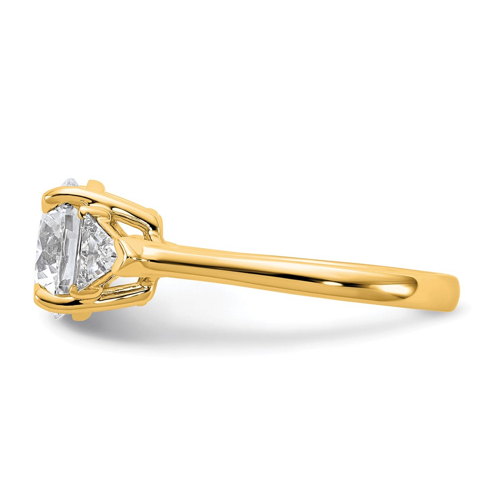 14K Yellow Gold 5/8 carat Lab Grown Diamond VS/SI+ G+ Triangle 2 1/2 carat Round Semi Mount Three Stone Engagement Ring