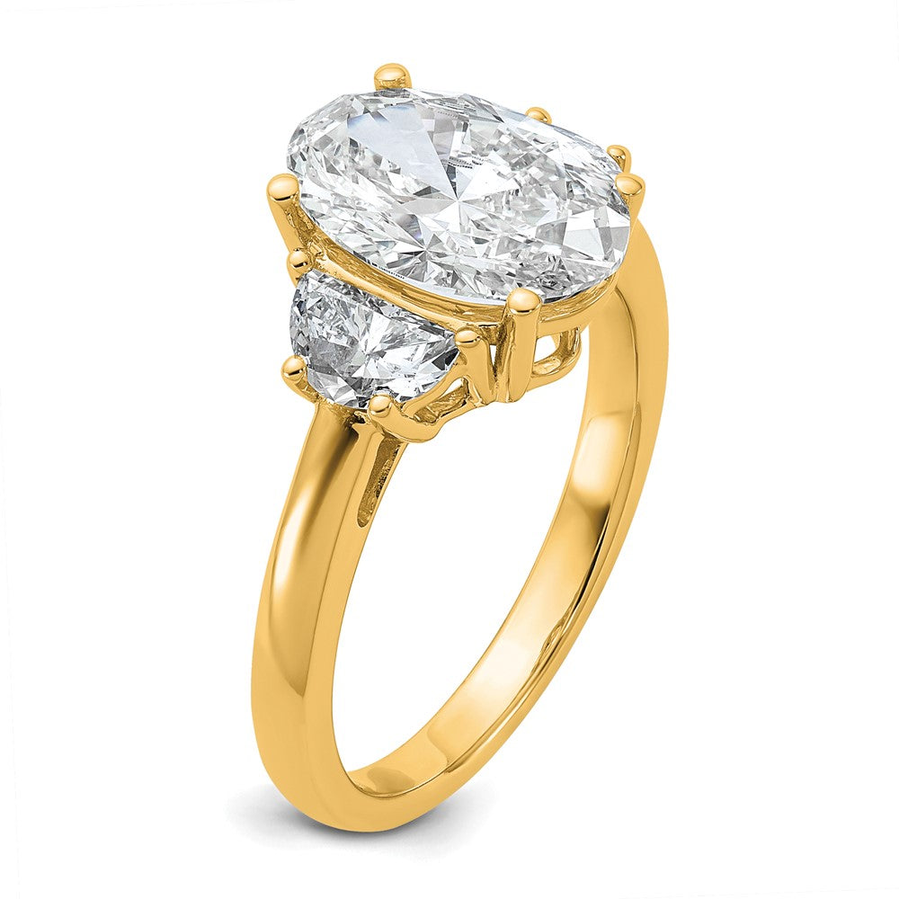 14K Yellow Gold 5/8 carat Lab Grown Diamond VS/SI+ G+ Half Moon and 2 1/2 carat Oval Center Semi Mount Three Stone Engagement Ring