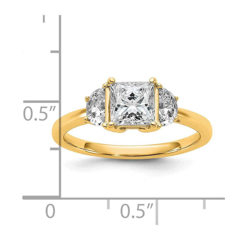 14K Yellow Gold 1 3/8 carat Certified Lab Grown Diamond VS/SI+ G+ Princess and Half Moon Complete Three Stone Engagement Ring