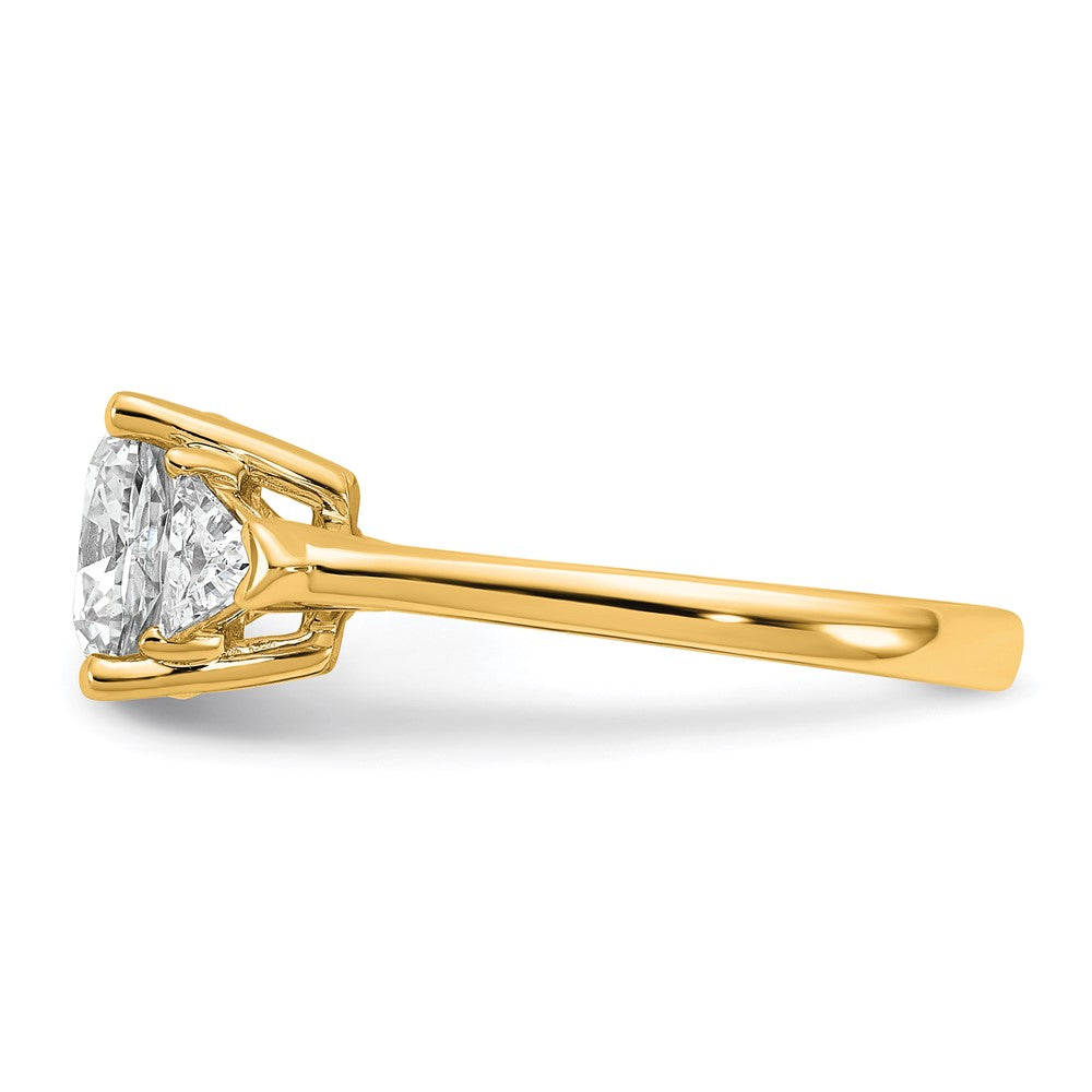 14K Yellow Gold 5/8 carat Lab Grown Diamond VS+ F+ Triangle 2 1/2 carat Cushion Center Semi Mount Three Stone Engagement Ring