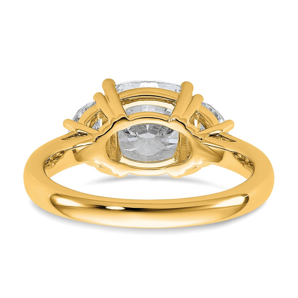 14K Yellow Gold 5/8 carat Lab Grown Diamond VS/SI+ G+ Half Moon and 2 1/2 carat Cushion Center Semi Mount Three Stone Engagement Ring