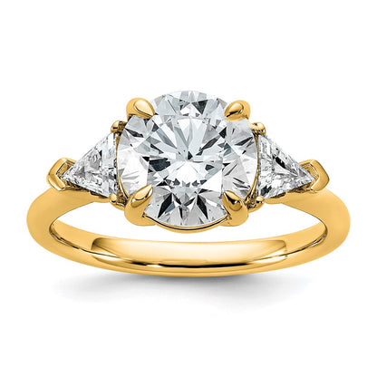 14K Yellow Gold 3 1/8 carat Certified Lab Grown Diamond VS+ F+ Round and Triangle Complete Three Stone Engagement Ring