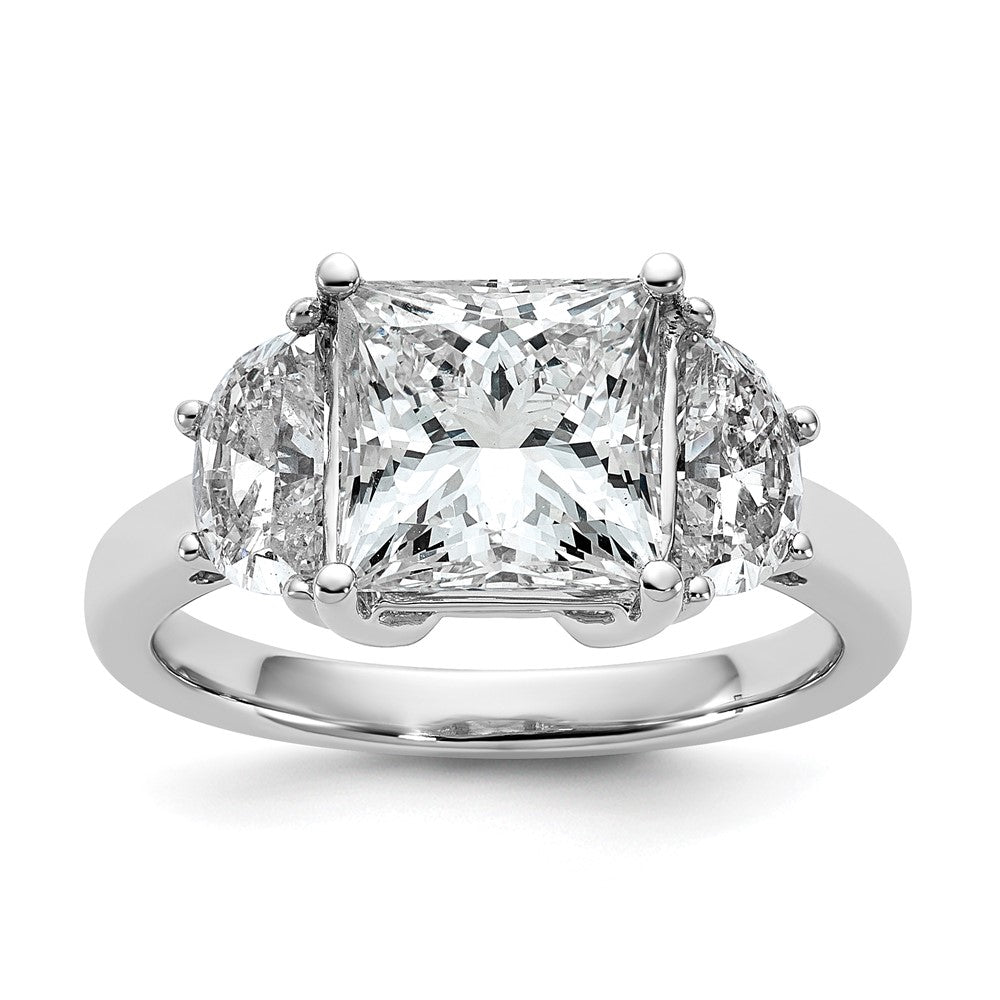 14K White Gold 4 carat Certified Lab Grown Diamond VS+ F+ Princess and Half Moon Complete Three Stone Engagement Ring