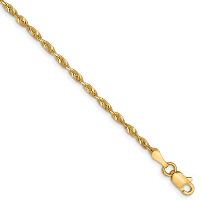 8 Inch 10K Yellow Gold 2mm Diamond Cut Lightweight Rope Chain Bracelet