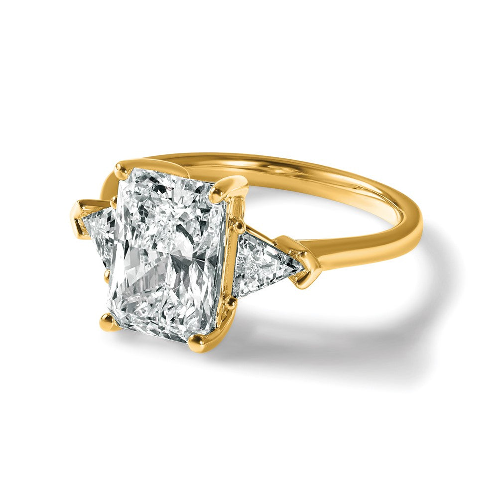 14K Yellow Gold 3 1/8 carat Certified Lab Grown Diamond VS+ F+ Radiant and Triangle Complete Three Stone Engagement Ring