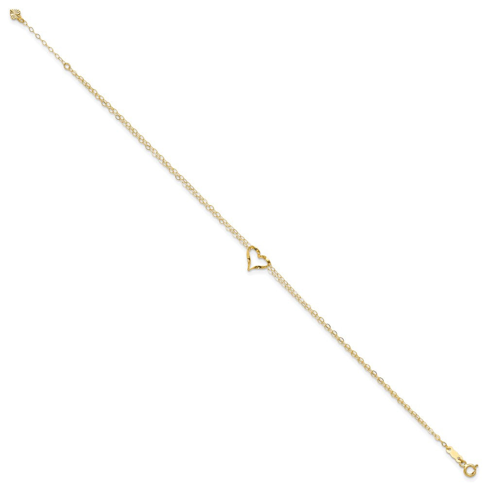 14k Yellow Gold Double Strand Heart 9 Inch with 1 Inch extension Anklet Body Fine Jewelry