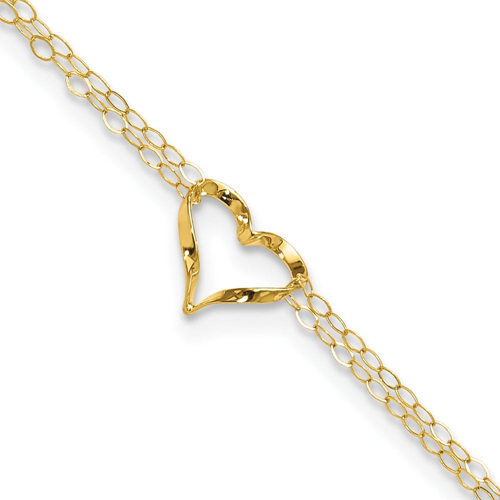 14k Yellow Gold Double Strand Heart 9 Inch with 1 Inch extension Anklet Body Fine Jewelry