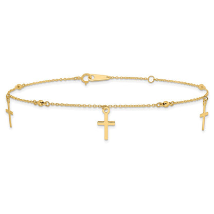 14K Yellow Gold Polished and Diamond-Cut Cross 9in Plus 1in Ext. Anklet