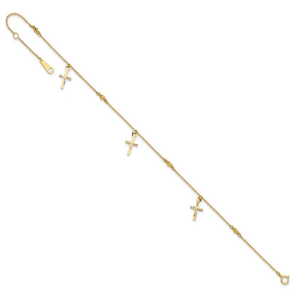 14K Yellow Gold Polished and Diamond-Cut Cross 9in Plus 1in Ext. Anklet