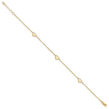 14K Yellow Gold Polished Heart 9in Plus 1in Ext Anklet