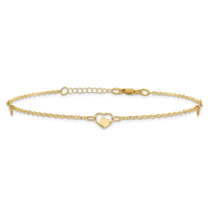 14K Yellow Gold Polished Heart 9in Plus 1in Ext Anklet