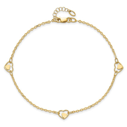 14K Yellow Gold Polished Heart 9in Plus 1in Ext Anklet