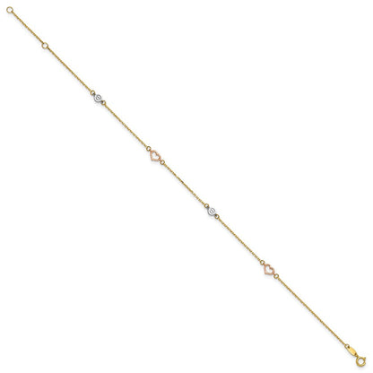 14K Tri-Color Polished 9in Plus 1in Ext. Hearts and Circles Anklet