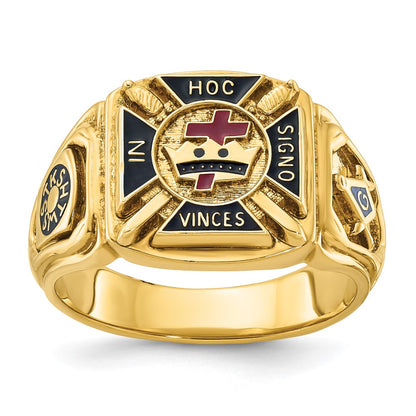 14k Yellow Gold Men's Polished and Textured with Multi-color Enamel Knights Templar Masonic Ring