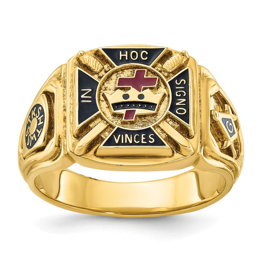 14k Yellow Gold Men's Polished and Textured with Multi-color Enamel Knights Templar Masonic Ring