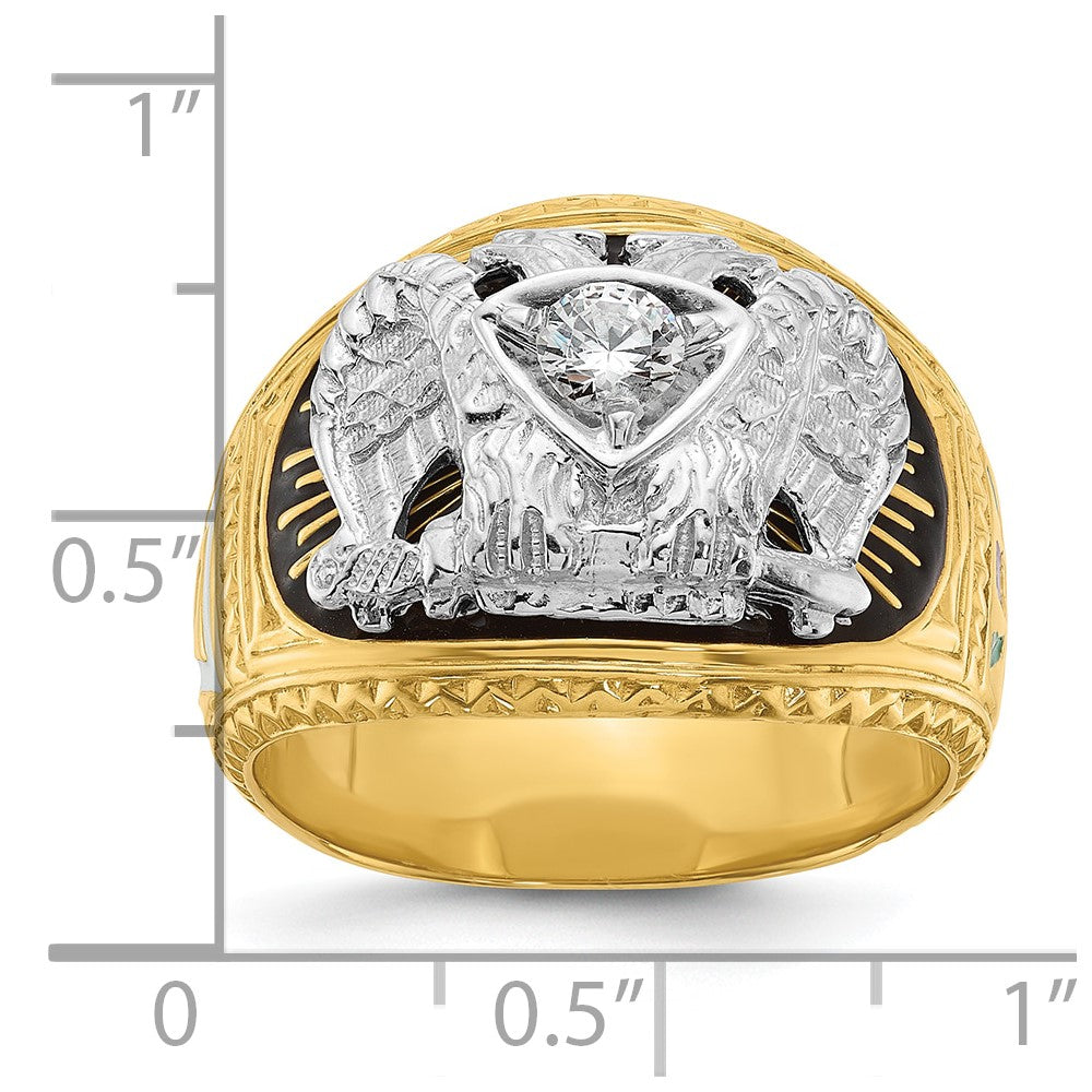 14k Two-tone Gold Men's Polished and Textured with Multi-color Enamel and Diamond 32nd Degree Scottish Rite Masonic Ring