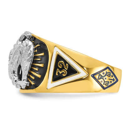14k Two-tone Gold Men's Polished and Textured with Multi-color Enamel and Diamond 32nd Degree Scottish Rite Masonic Ring