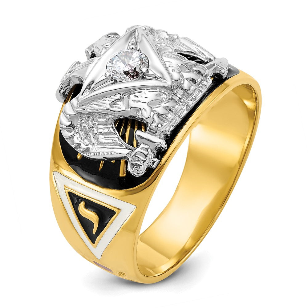 14k Two-tone Gold Men's Polished and Textured with Multi-color Enamel and Diamond 32nd Degree Scottish Rite Masonic Ring