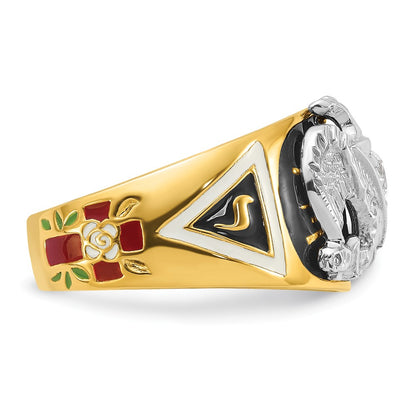 14k Two-tone Gold Men's Polished and Textured with Multi-color Enamel and Diamond 32nd Degree Scottish Rite Masonic Ring