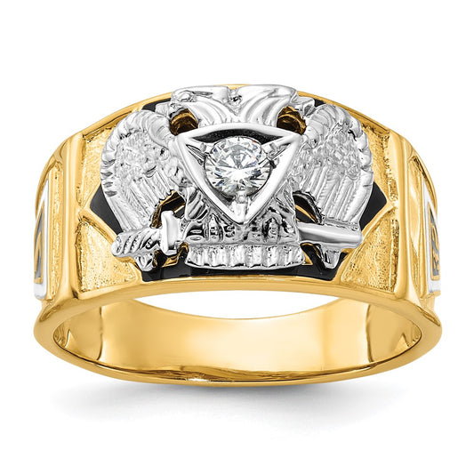 14k Two-tone Gold Men's Polished and Textured with Multi-color Enamel and Diamond 32nd Degree Scottish Rite Masonic Ring