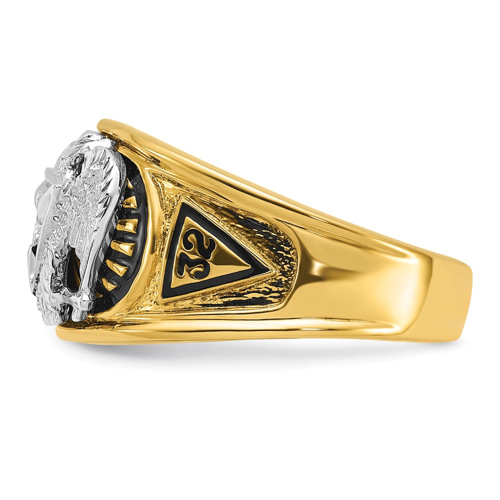 14k Two-tone Gold Men's Polished and Textured with Black Enamel and Diamond 32nd Degree Scottish Rite Masonic Ring