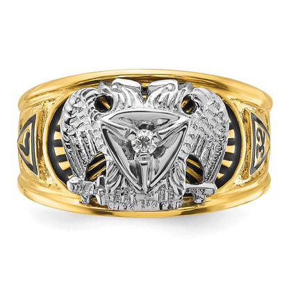 14k Two-tone Gold Men's Polished and Textured with Black Enamel and Diamond 32nd Degree Scottish Rite Masonic Ring