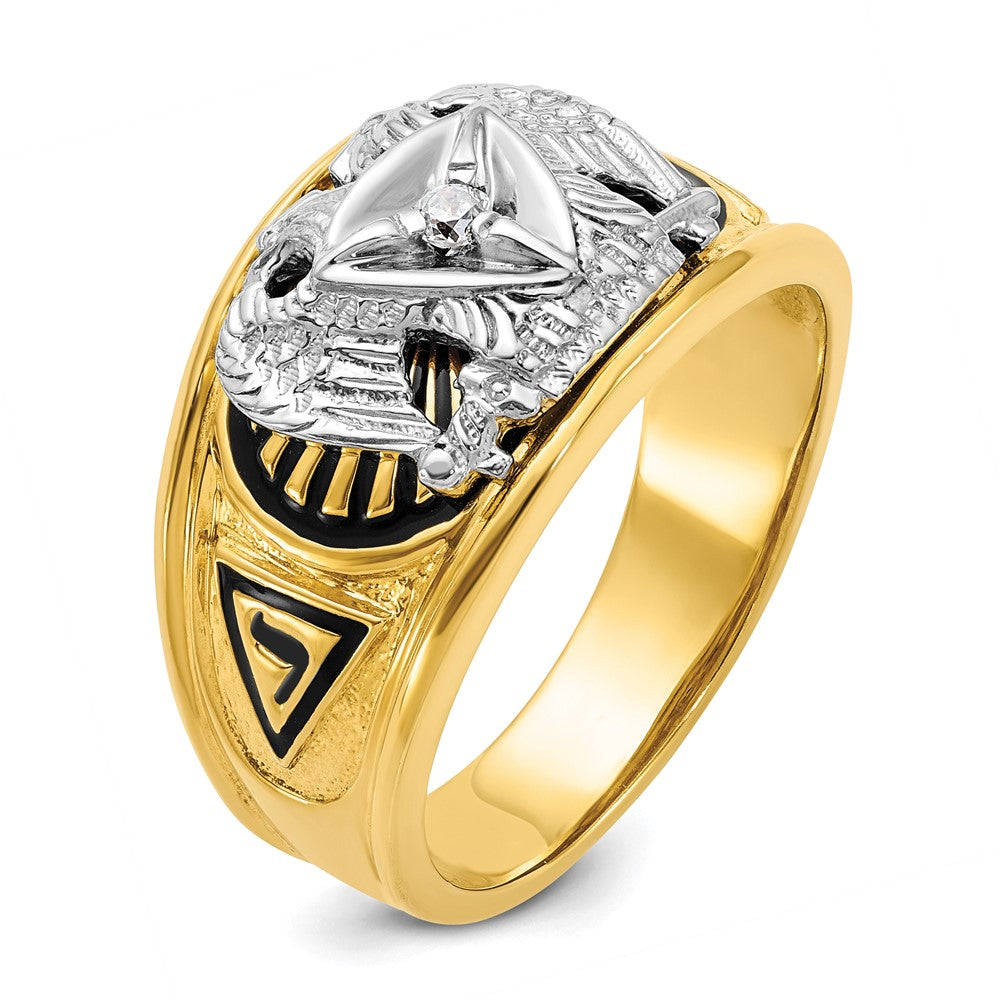 14k Two-tone Gold Men's Polished and Textured with Black Enamel and Diamond 32nd Degree Scottish Rite Masonic Ring