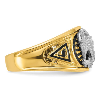 14k Two-tone Gold Men's Polished and Textured with Black Enamel and Diamond 32nd Degree Scottish Rite Masonic Ring