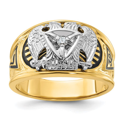 14k Two-tone Gold Men's Polished and Textured with Black Enamel and Diamond 32nd Degree Scottish Rite Masonic Ring