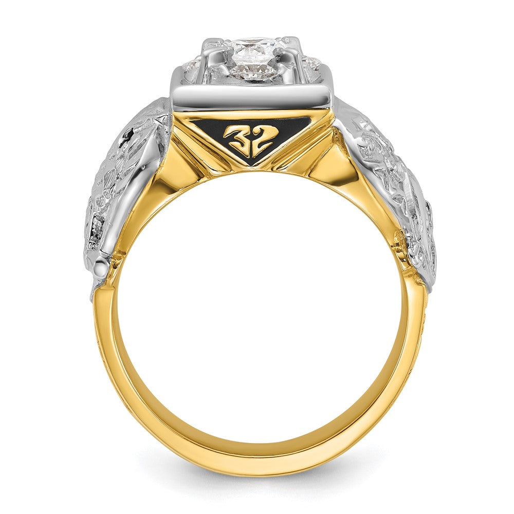 14k Two-tone Gold Men's Polished and Textured with Black Enamel and Diamond Double Eagle Masonic Shriner's Ring