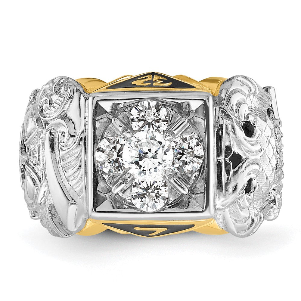 14k Two-tone Gold Men's Polished and Textured with Black Enamel and Diamond Double Eagle Masonic Shriner's Ring
