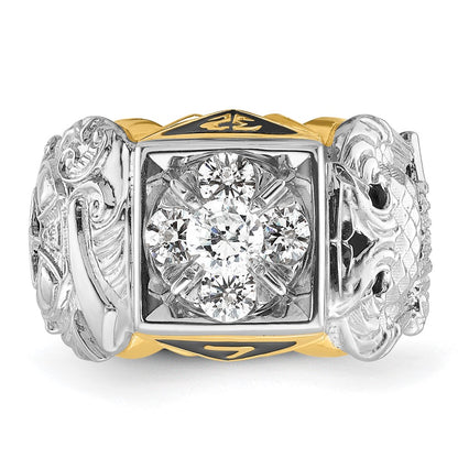 14k Two-tone Gold Men's Polished and Textured with Black Enamel and Diamond Double Eagle Masonic Shriner's Ring