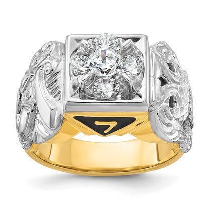 14k Two-tone Gold Men's Polished and Textured with Black Enamel and Diamond Double Eagle Masonic Shriner's Ring