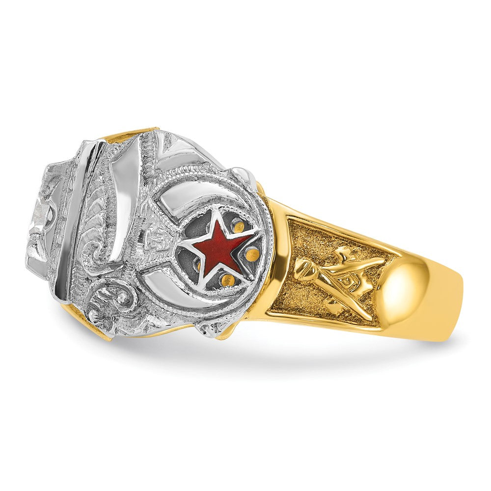 14k Two-tone Gold Men's Polished and Textured with Black Enamel and Diamond Double Eagle Masonic Shriner's Ring