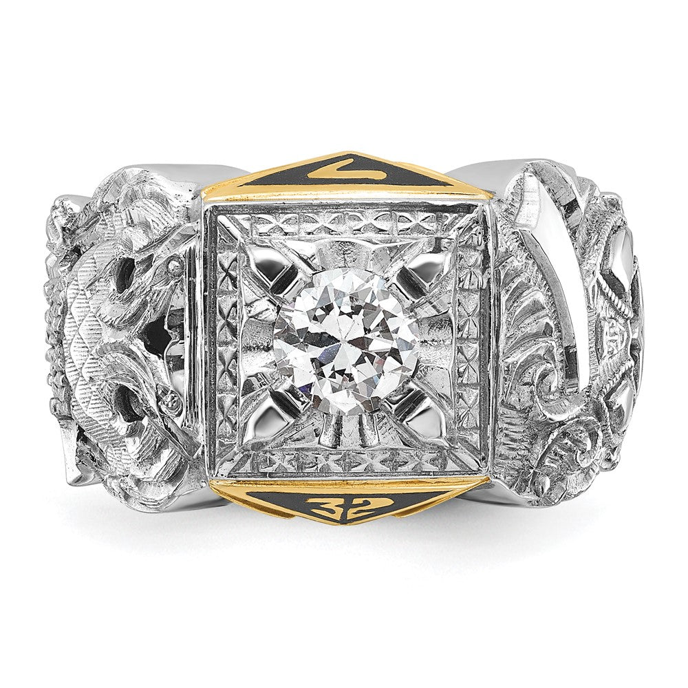 14k Two-tone Gold Men's Polished and Textured with Black Enamel and Diamond Double Eagle Masonic Shriner's Ring