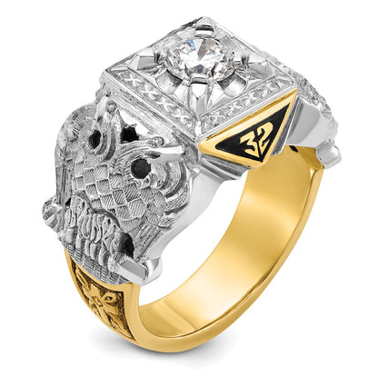 14k Two-tone Gold Men's Polished and Textured with Black Enamel and Diamond Double Eagle Masonic Shriner's Ring