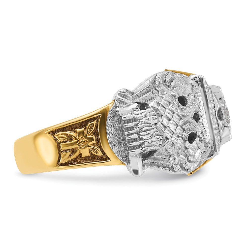 14k Two-tone Gold Men's Polished and Textured with Black Enamel and Diamond Double Eagle Masonic Shriner's Ring