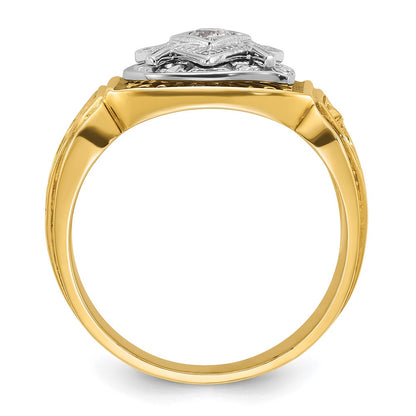 14k Two-tone Gold Men's Polished and Textured with Blue and Black Enamel Diamond Blue Lodge Master Masonic Ring