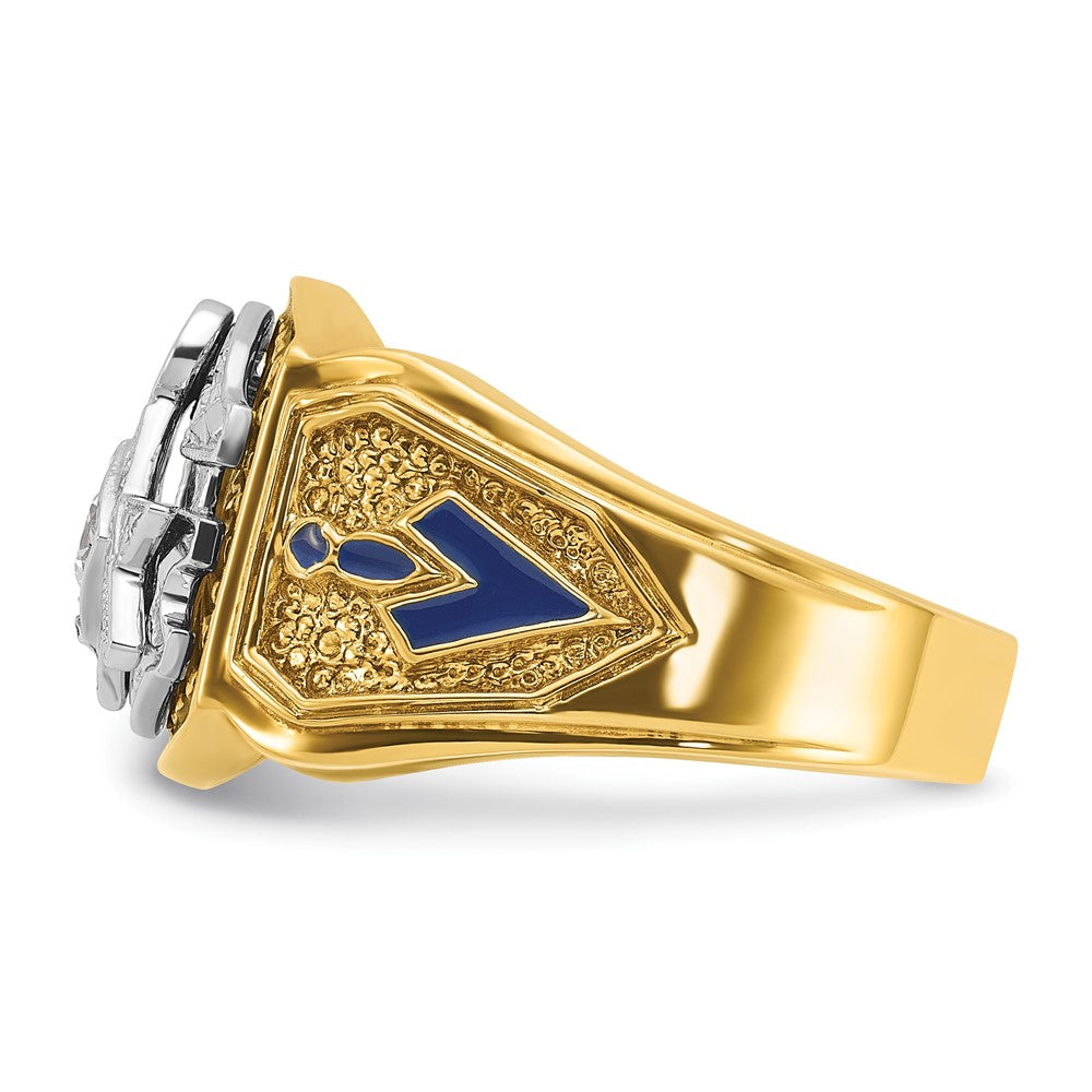 14k Two-tone Gold Men's Polished and Textured with Blue and Black Enamel Diamond Blue Lodge Master Masonic Ring