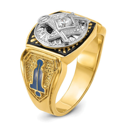 14k Two-tone Gold Men's Polished and Textured with Blue and Black Enamel Diamond Blue Lodge Master Masonic Ring