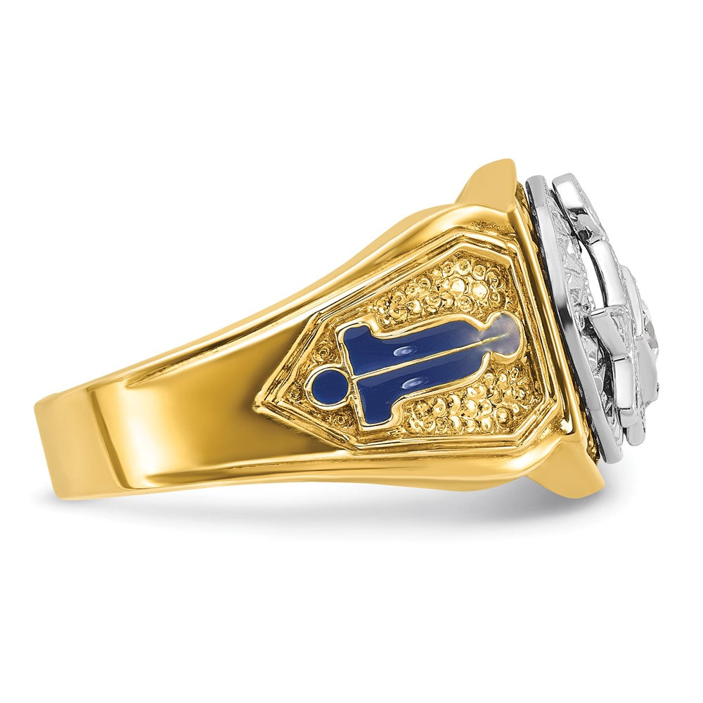 14k Two-tone Gold Men's Polished and Textured with Blue and Black Enamel Diamond Blue Lodge Master Masonic Ring