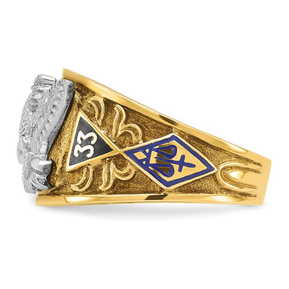14k Two-tone Gold Men's Polished and Textured with Multi-color Enamel Active 33rd Degree Masonic Ring