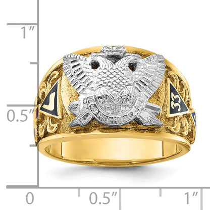 14k Two-tone Gold Men's Polished and Textured with Multi-color Enamel Active 33rd Degree Masonic Ring
