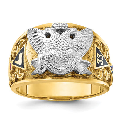 14k Two-tone Gold Men's Polished and Textured with Multi-color Enamel Active 33rd Degree Masonic Ring